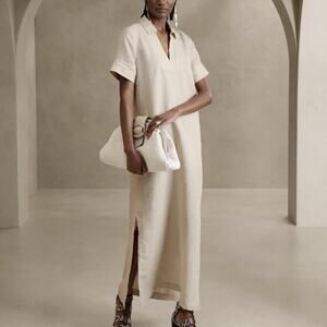 Banana Republic Cruz Linen Maxi Shirtdress Sz Medium Washed Stone Kaftan Utility